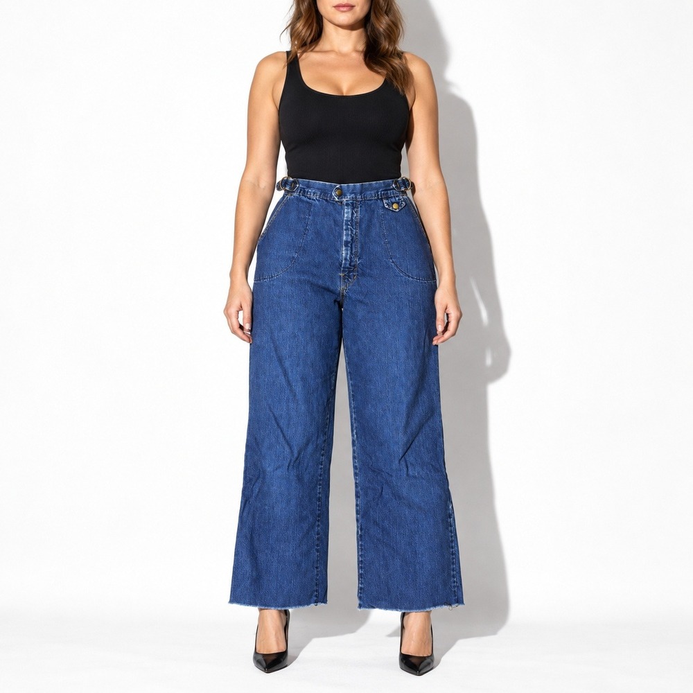 70s Vintage Wide Leg Jeans Women 14 Dark Wash High Waist Sailor Style Adjustable